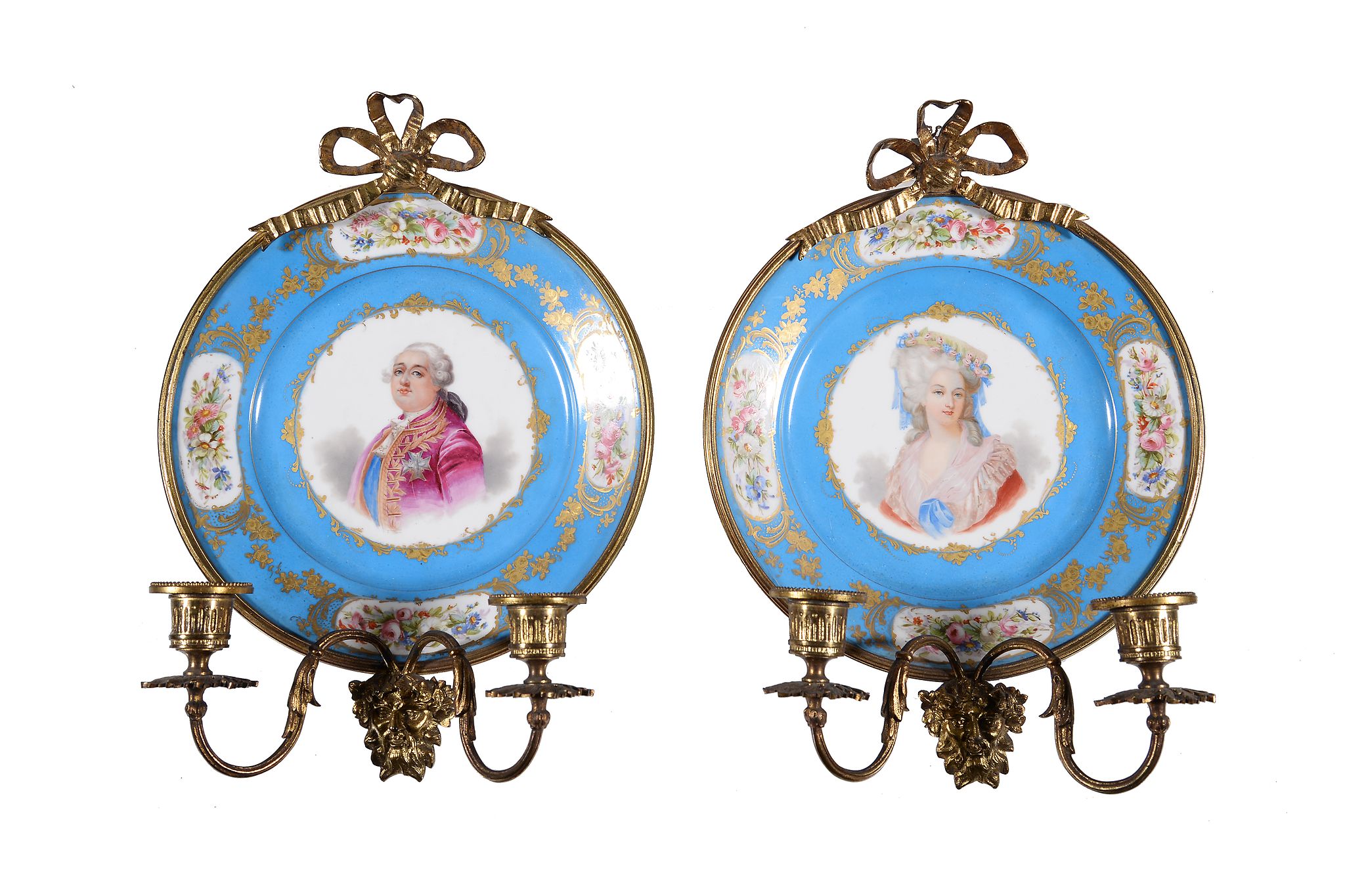 A pair of Sevres style porcelain and gilt metal mounted twin branch wall lights, late 19th century,