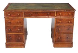 A late Victorian burr walnut twin pedestal desk , with leather inset top, 78cm high, 140cm wide,