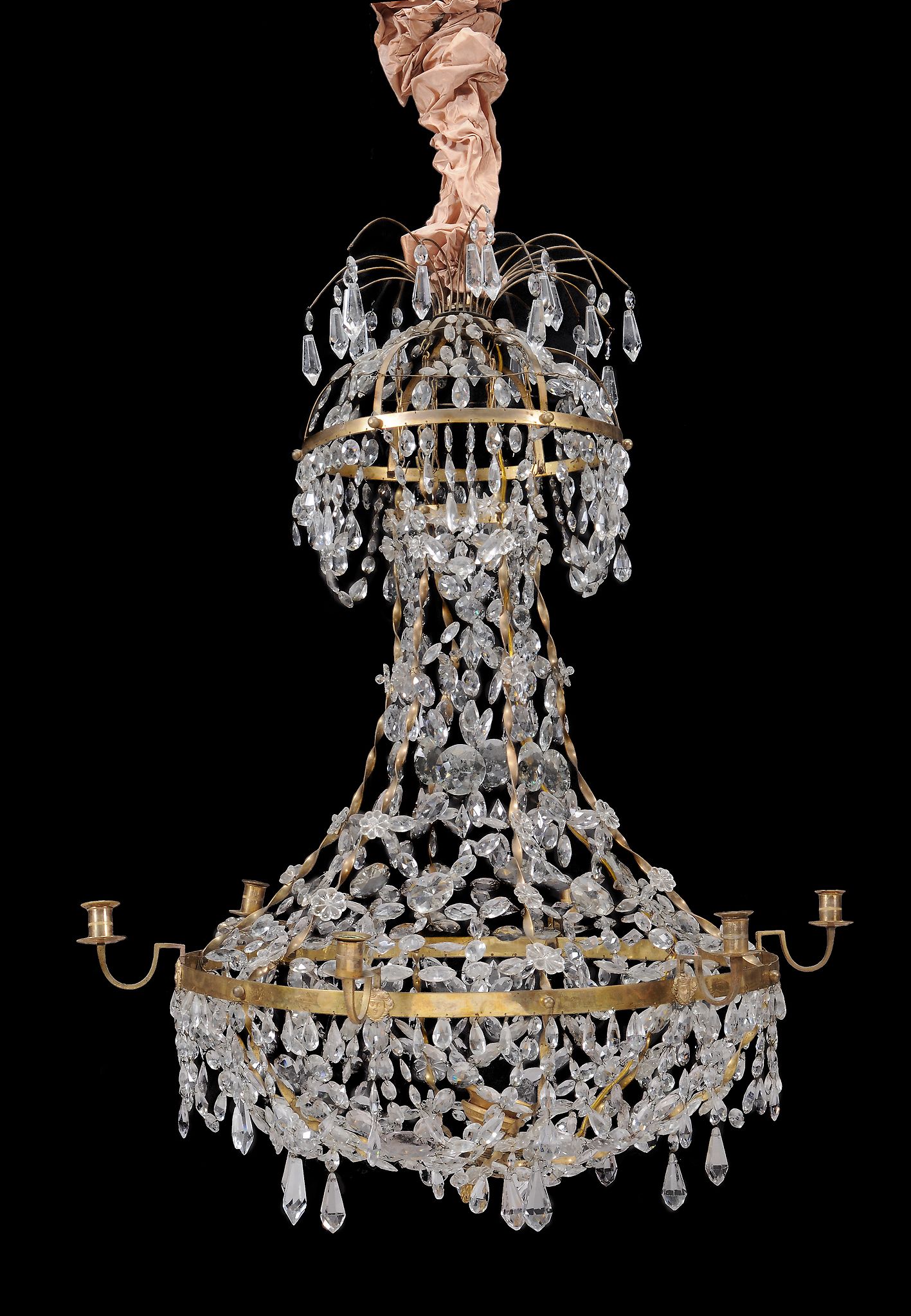 A Continental, probably Scandinavian gilt metal and glass hung six light chandelier, second quarter