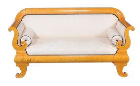 A maple and upholstered sofa in Beidermeier style, 20th century, the upholstered back and seat