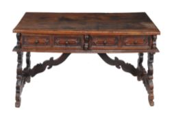 An Iberian walnut writing or centre table , 19th century and later, with two frieze short drawers