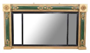 A George IV overmantel mirror , composition and green painted overmantle mirror, circa 1825, the