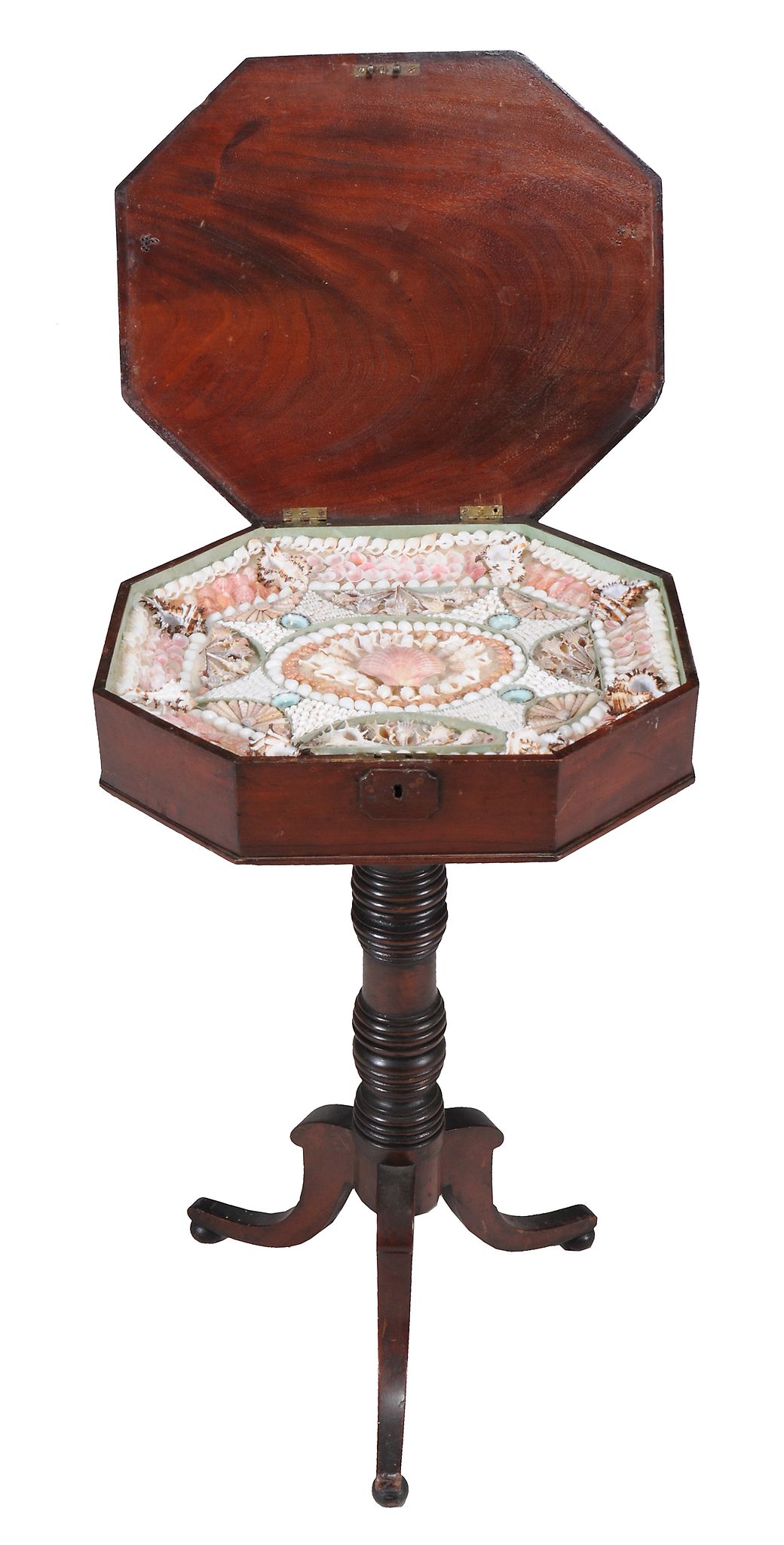 A Regency mahogany 'sailor's sweetheart' shell inset work table , circa 1815, the hinged lid now - Image 2 of 3