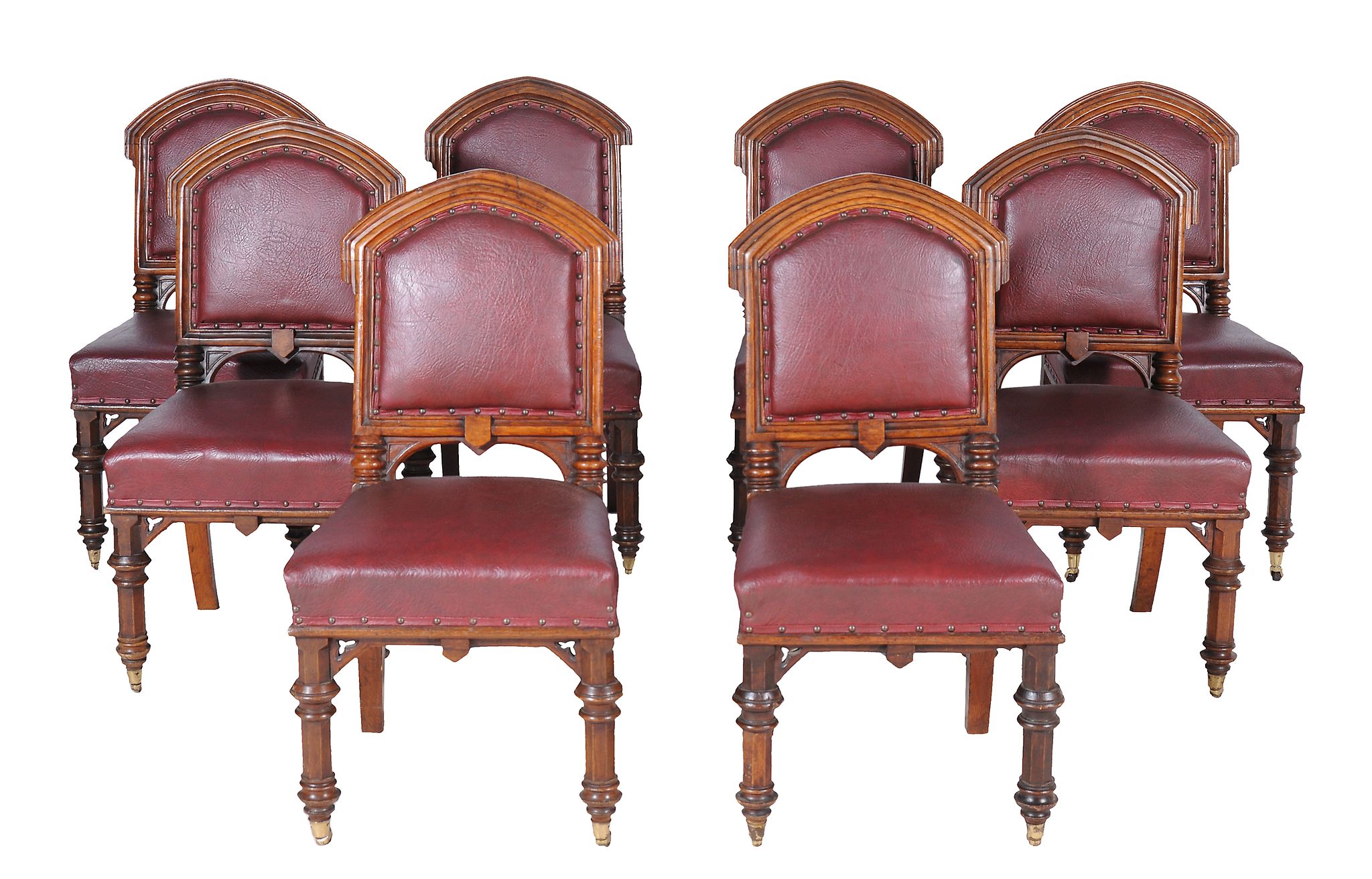 A set of eight Victorian pollard oak side chairs , circa 1880, each with paper label to seat rail