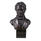 A patinated bronze bust of Michael Faraday, late 19th century, portrayed wearing a bowtie and a