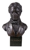 A patinated bronze bust of Michael Faraday, late 19th century, portrayed wearing a bowtie and a