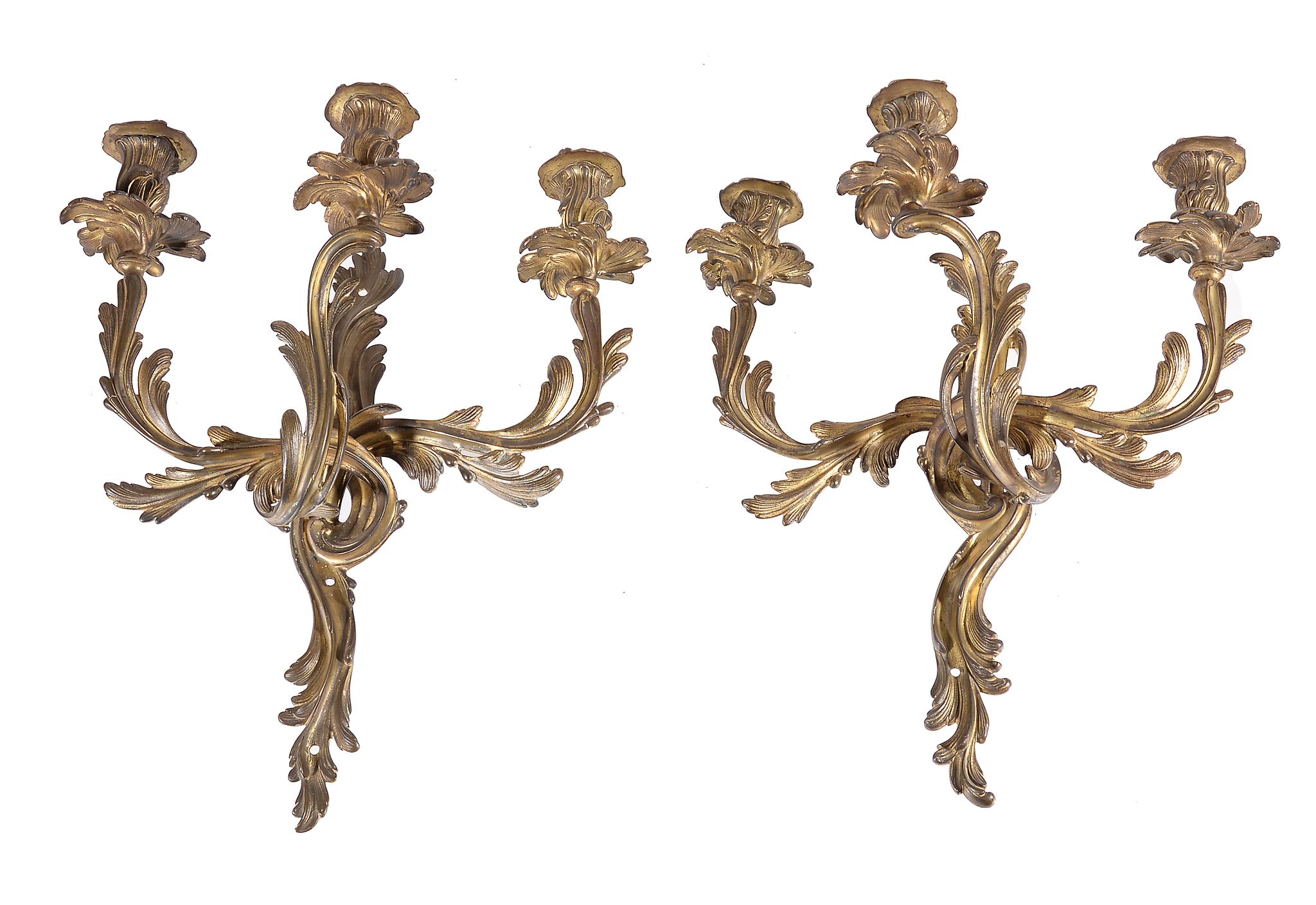 A pair of gilt metal twin light wall appliques in Louis XV taste, first half 20th century, cast as