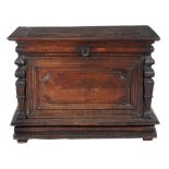 A French oak chest, probably Normandy, late 17th century and later, with flanking baluter pilasters