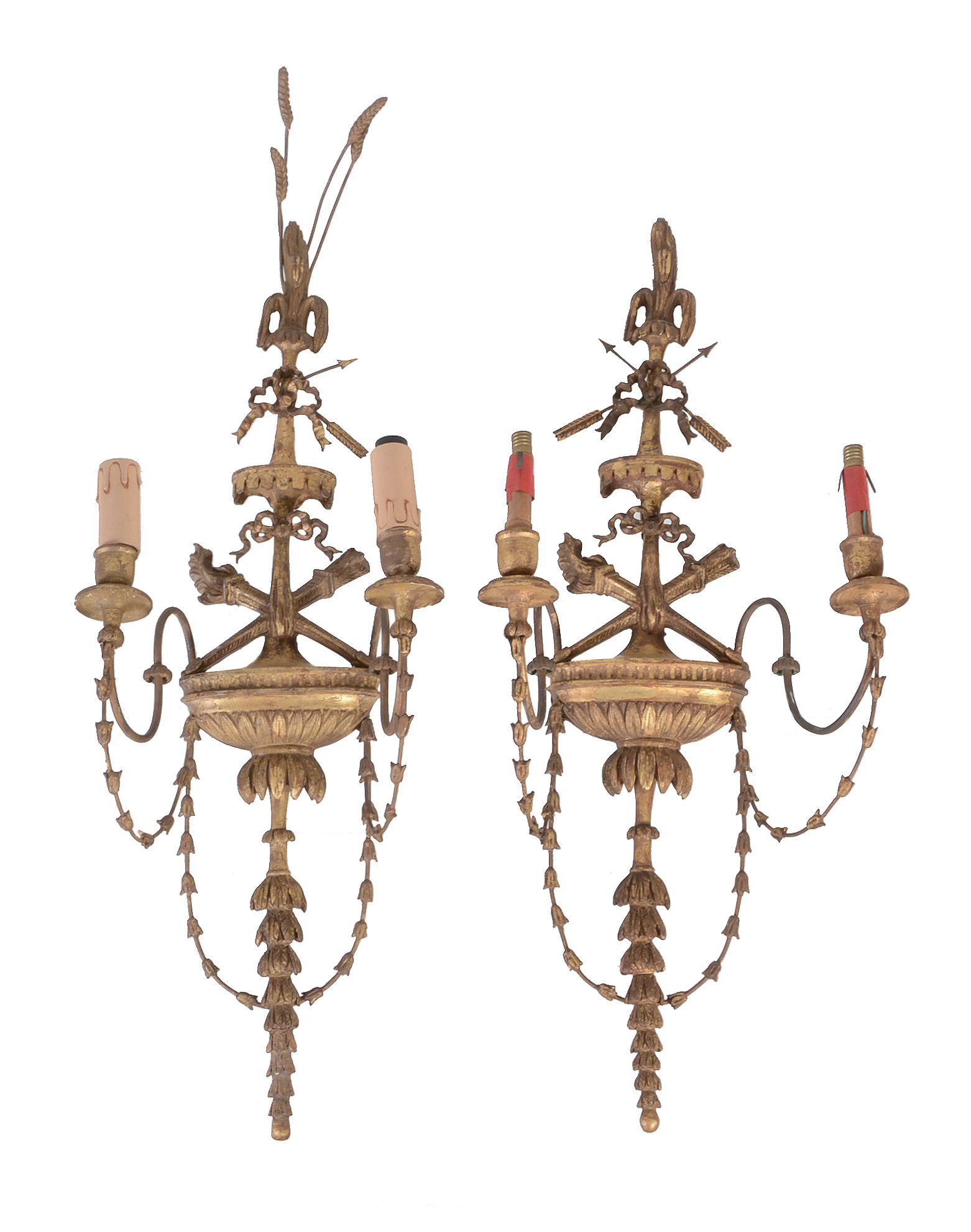 A pair of Italian carved wood and gilt composition twin light wall appliques, early 20th century,