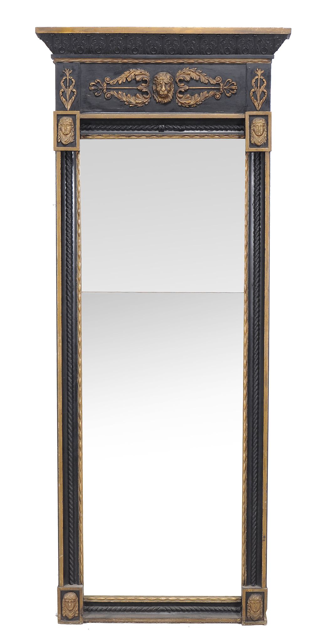 A continental ebonised and parcel gilt wall mirror , 20th century, in Egyptian revival taste,