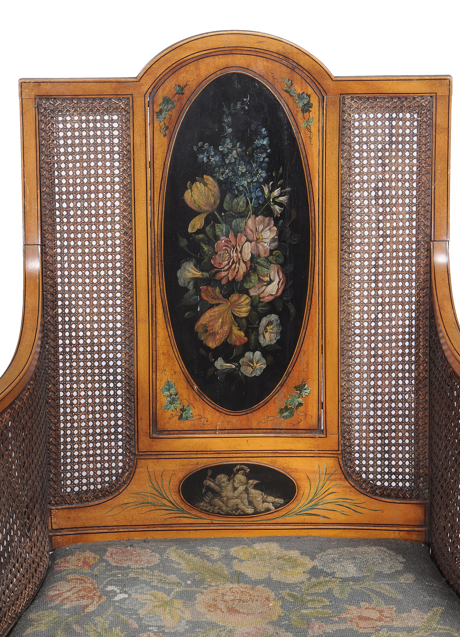 A Sheraton Revival simulated satinwood and painted bergere armchair , first quarter 20th century, - Image 2 of 3