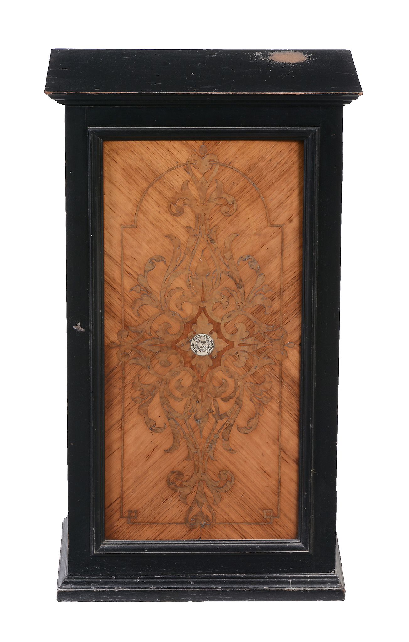 A mid-Victorian ebonised marquetry inlaid specimen cabinet , circa 1885, the kingwood and burr