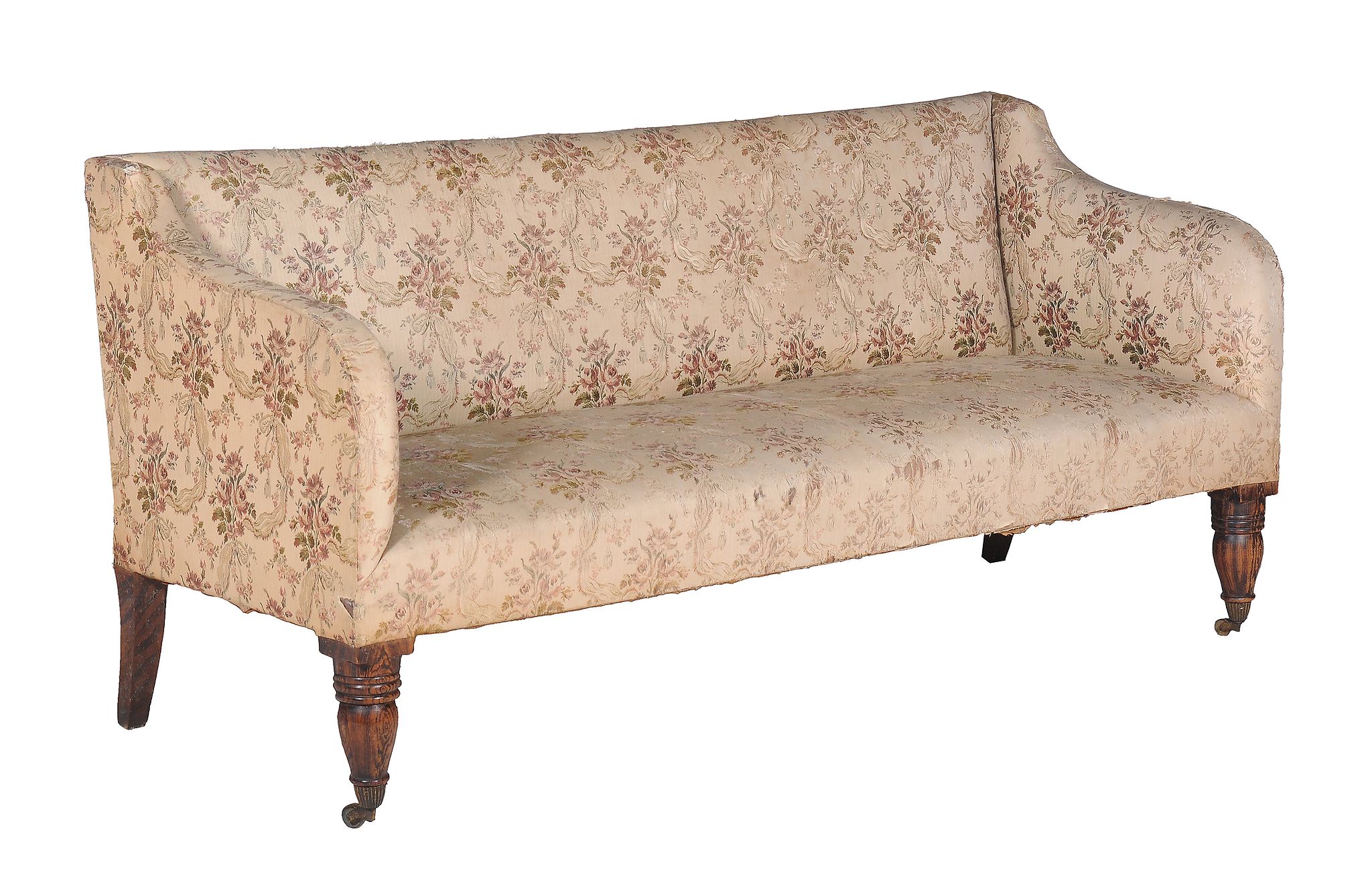 A George IV simulated rosewood sofa, circa 1825, covered with antique upholstery, the downswept