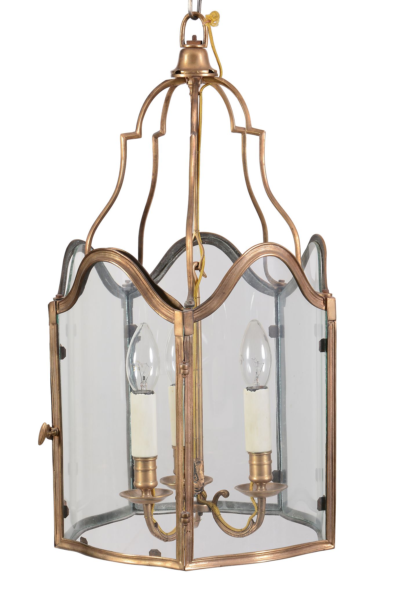 A gilt metal and glazed hall lantern, late 19th / early 20th century, of pentagonal section, the