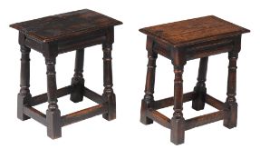 A matched pair of oak joint stools in Charles I style , incorporating some period elements, each