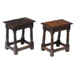 A matched pair of oak joint stools in Charles I style , incorporating some period elements, each