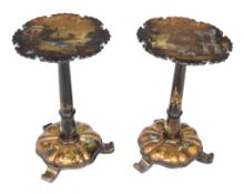 A pair of Victorian black lacquer and mother of pearl inlaid pedestal tables , circa 1870, in the