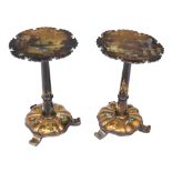 A pair of Victorian black lacquer and mother of pearl inlaid pedestal tables , circa 1870, in the