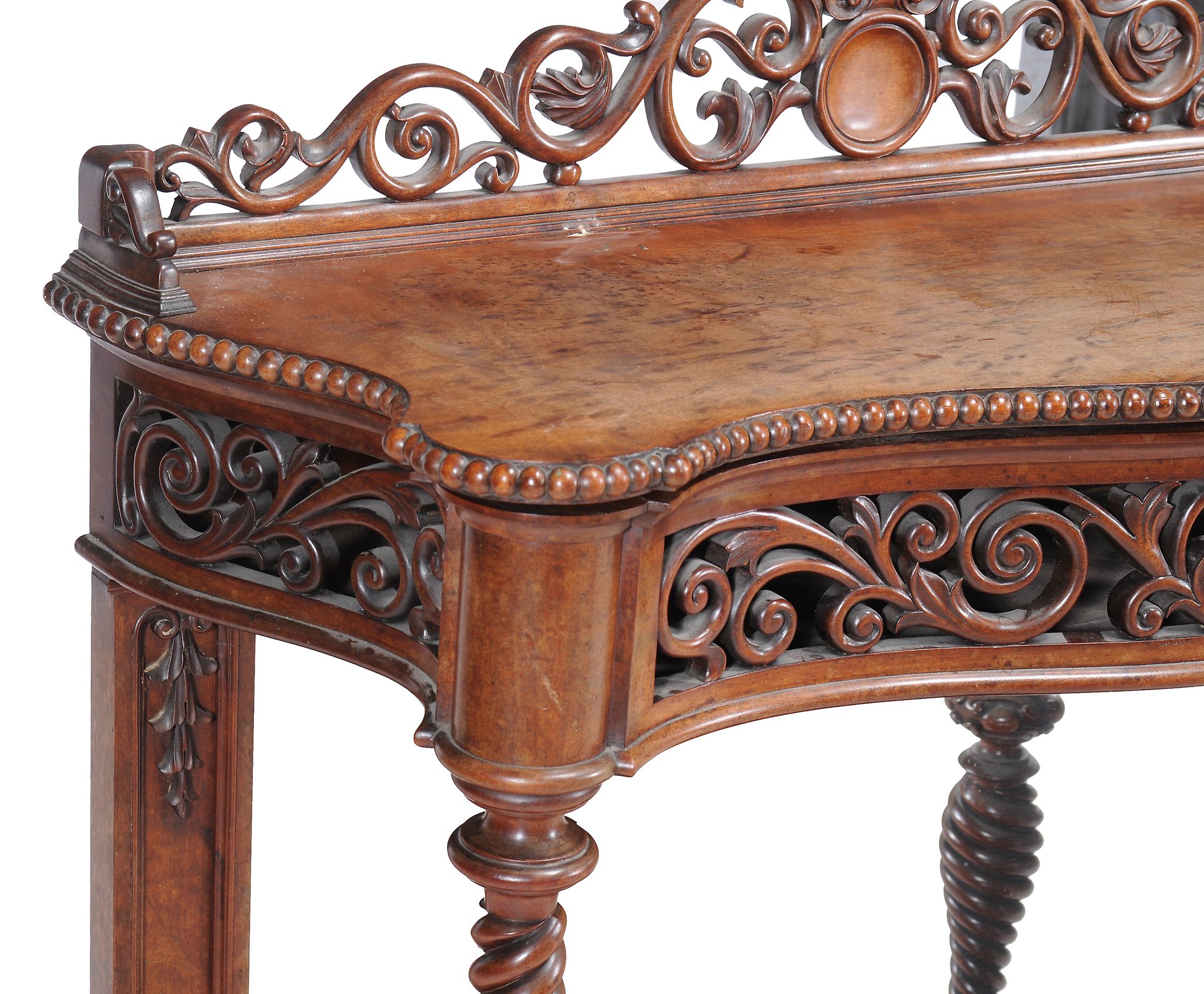 A Victorian mahogany console table, circa 1870, the pierced scroll frieze above spiral turned legs, - Image 2 of 2