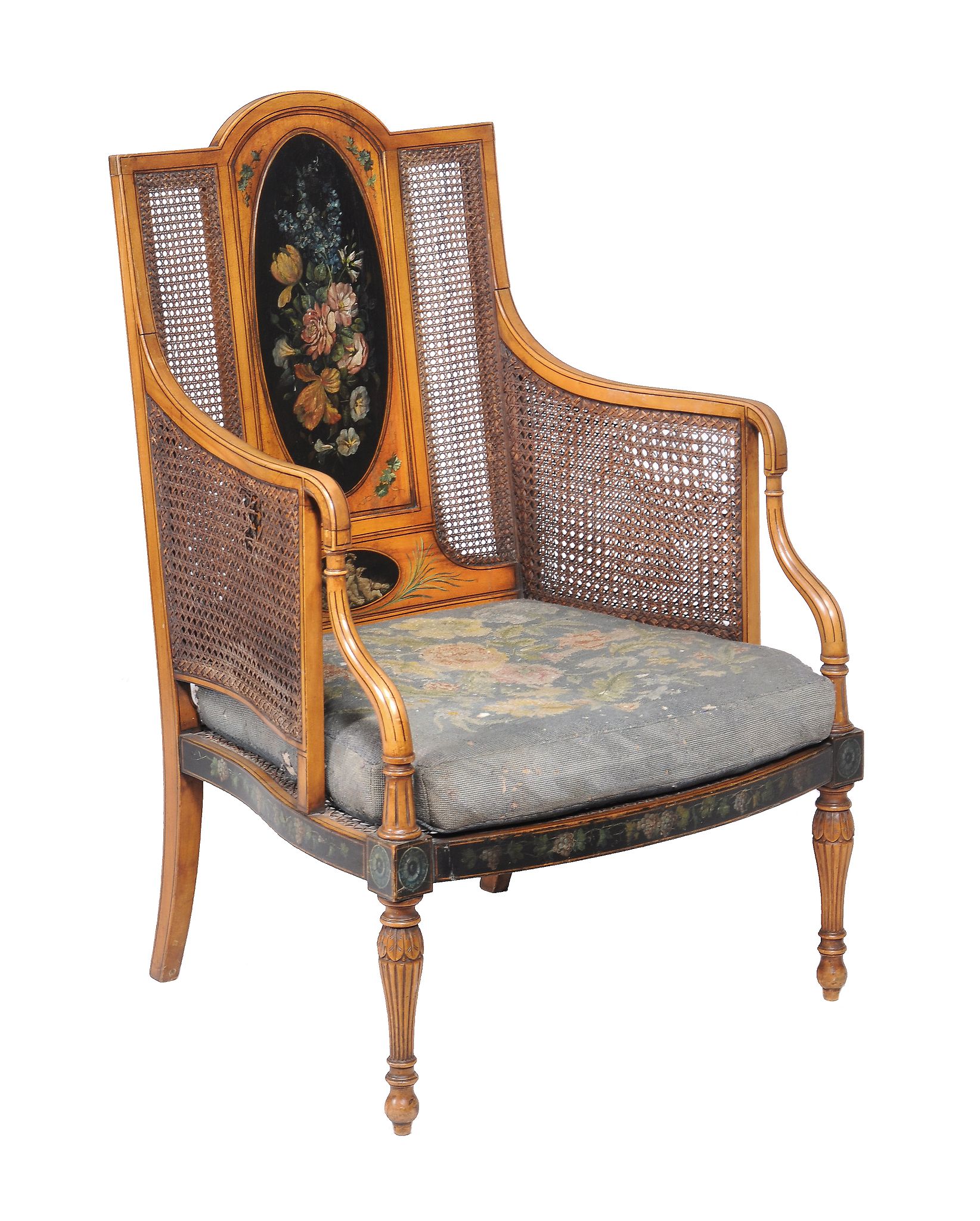 A Sheraton Revival simulated satinwood and painted bergere armchair , first quarter 20th century, - Image 3 of 3