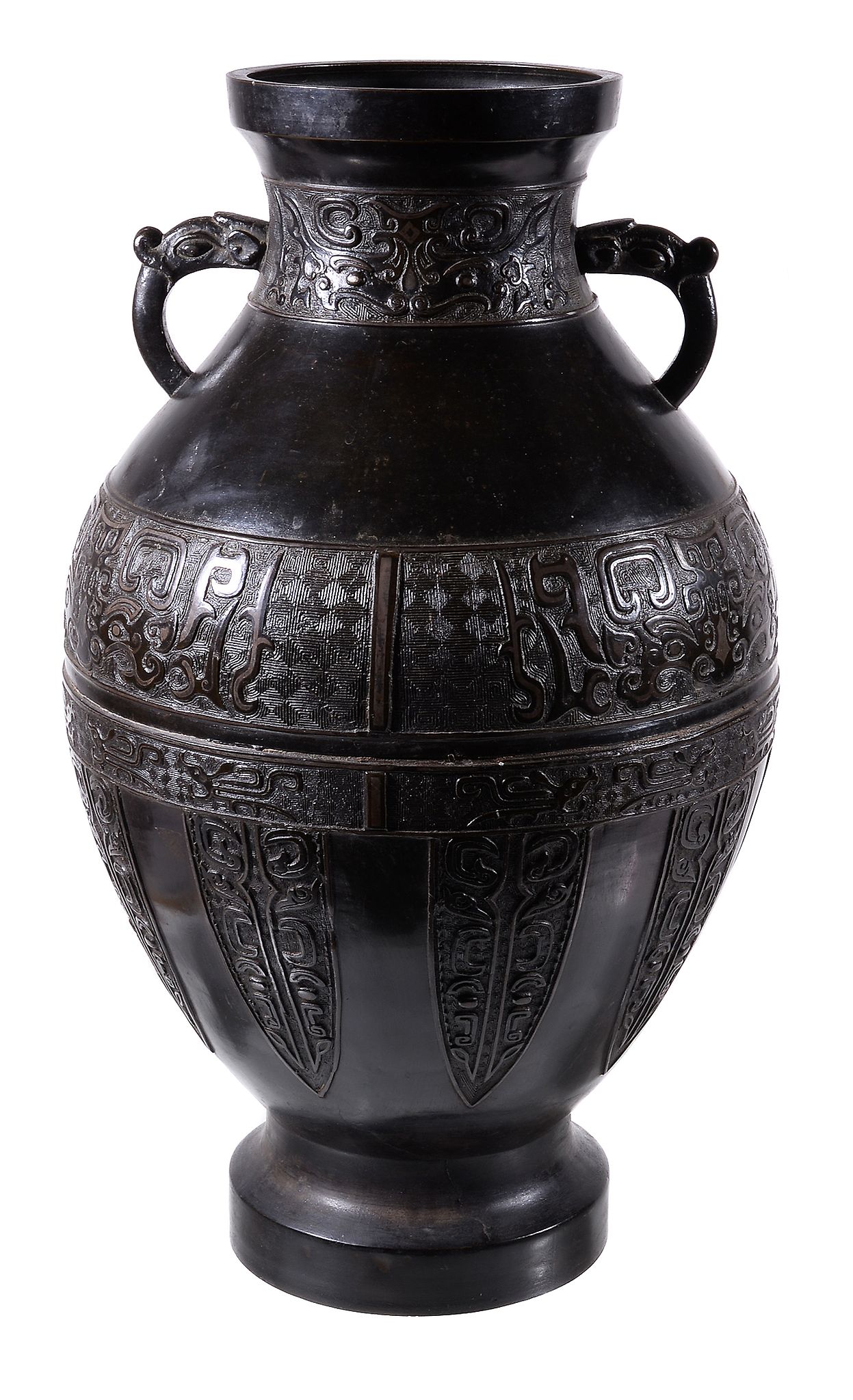 A large Chinese archaistic silver-inlaid bronze vase, hu, Qing Dynasty, 18th or 19th century, the