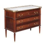 A French Directoire walnut commode , circa 1830, the marble top with brass gallery, above three