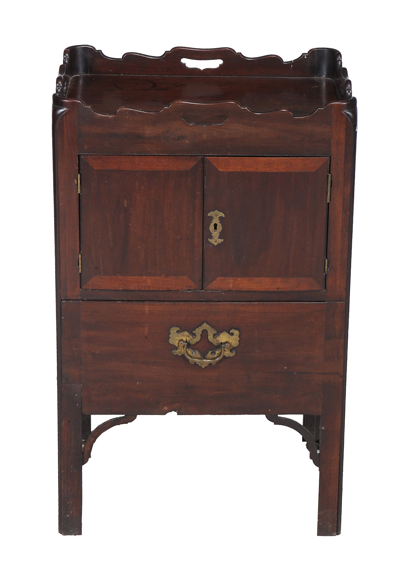 A George III mahogany commode , circa 1780, the tray top with pierced handles, 76cm high, 48cm