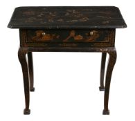 A George I black lacquer and chinoiserie decorated side table, circa 1720, decorated throughout