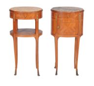 A pair of French oval lady's and gentleman's bedside tables , 20th century, each with variagated