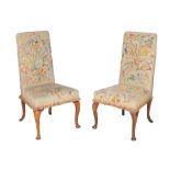 A pair of walnut and tapestry upholstered side chairs in George I style , first quarter 20th