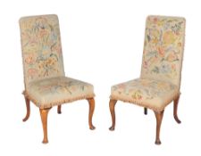 A pair of walnut and tapestry upholstered side chairs in George I style , first quarter 20th