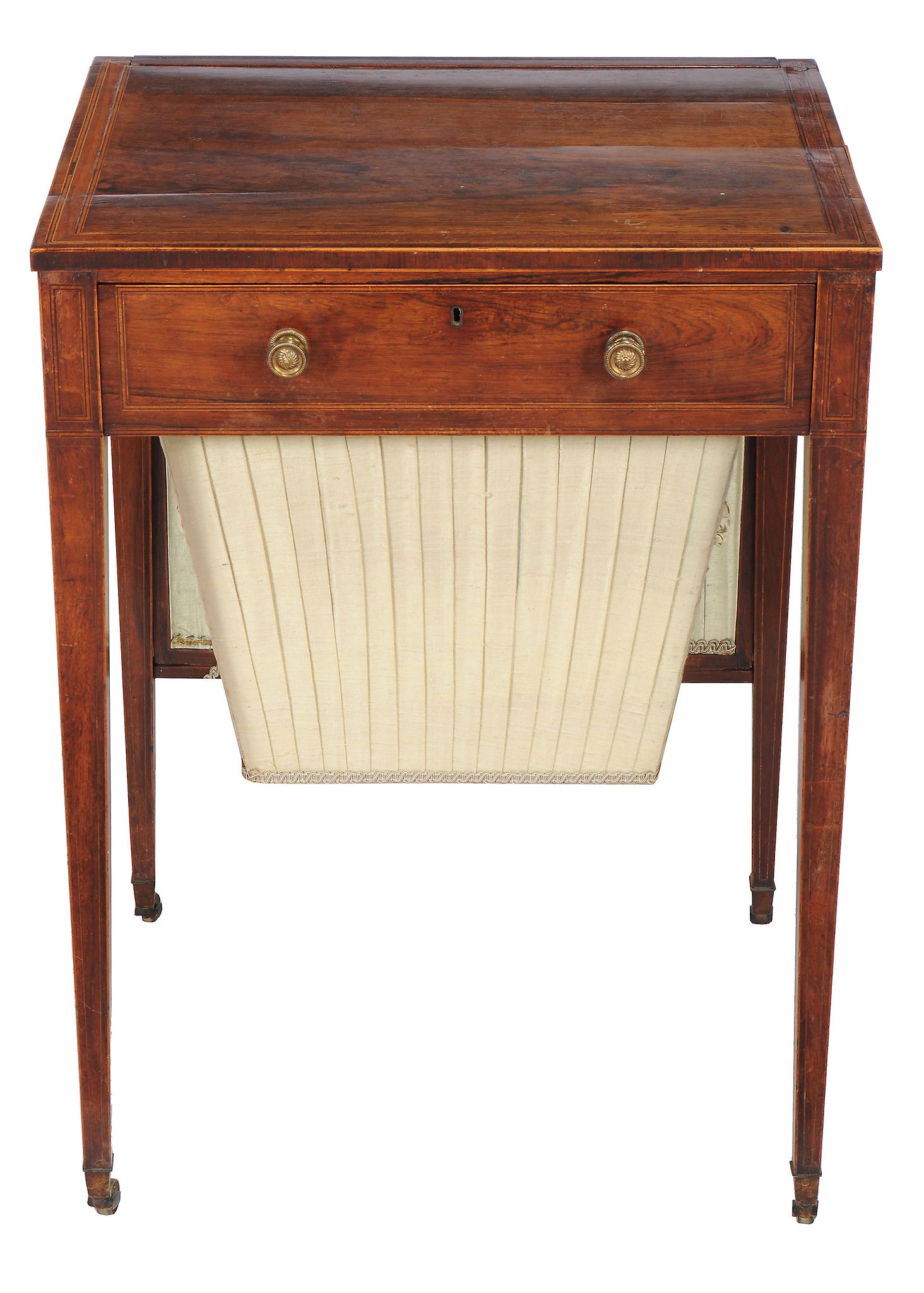 Ω A Regency rosewood and line inlaid work table , circa 1815, possibly Scottish, the single drawer