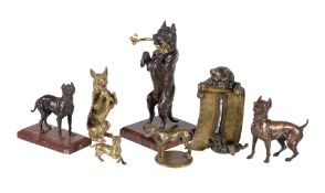 A French patinated bronze and marble mounted pen holder modeled as a Manchester terrier, late 19th