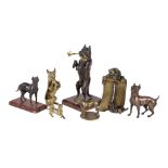 A French patinated bronze and marble mounted pen holder modeled as a Manchester terrier, late 19th