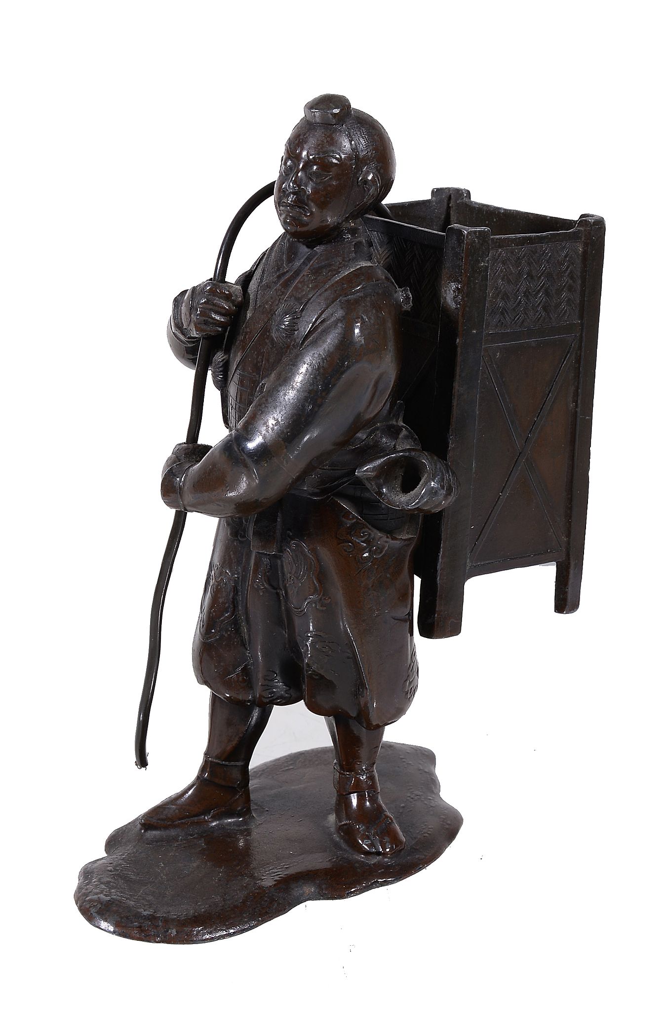 A patinated bronze model of a street seller in Oriental style, probably Japanese, late 19th - Image 2 of 5