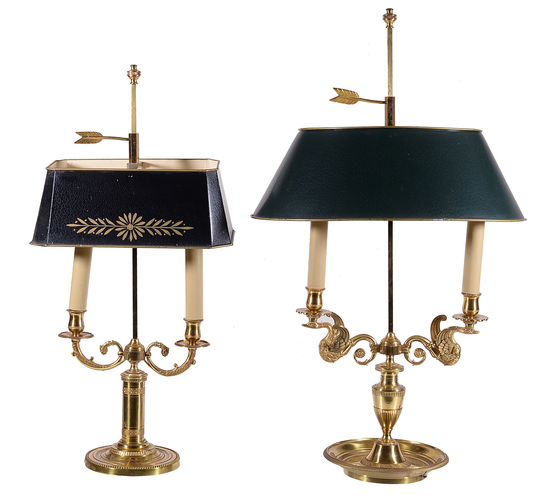 Two gilt metal and tole peinte twin light bouillotte table lamps in Louis Philippe style, late 20th