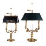 Two gilt metal and tole peinte twin light bouillotte table lamps in Louis Philippe style, late 20th