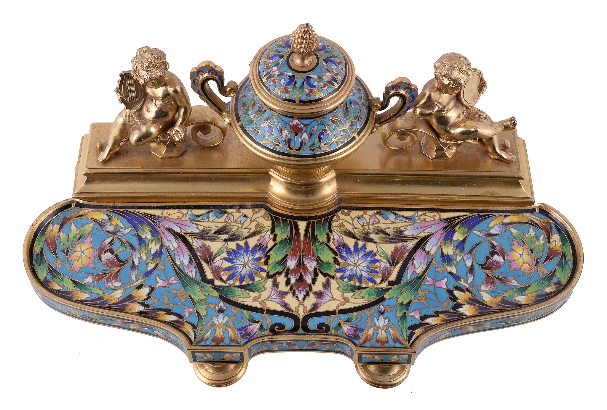 A French gilt metal and champleve enamel encrier, circa 1880, the inkwell modelled as a twin - Image 2 of 2