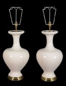 A pair of crackle glazed ceramic and gilt metal mounted vases fitted as table lamps, 20th century,