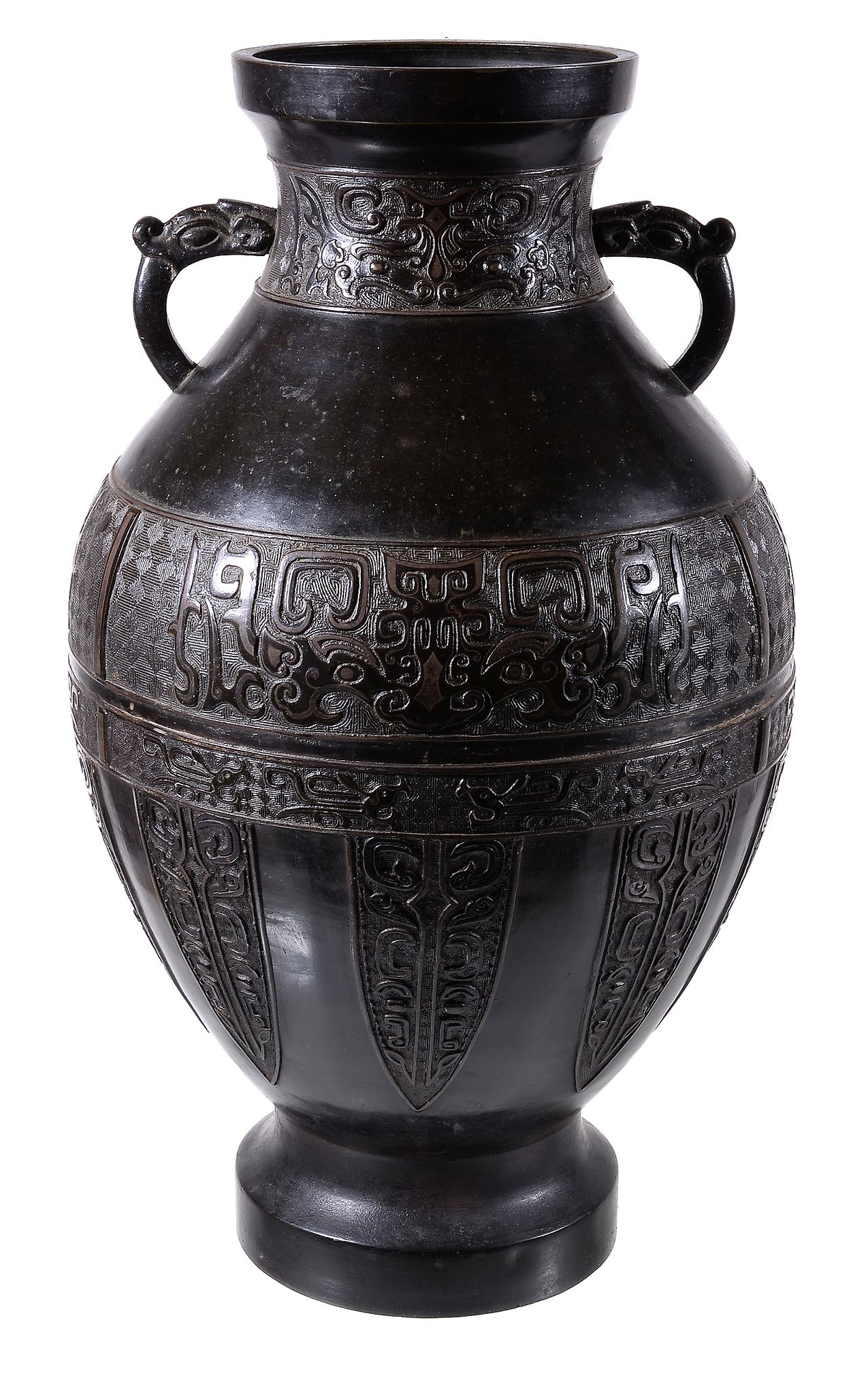 A large Chinese archaistic silver-inlaid bronze vase, hu, Qing Dynasty, 18th or 19th century, the - Image 3 of 3