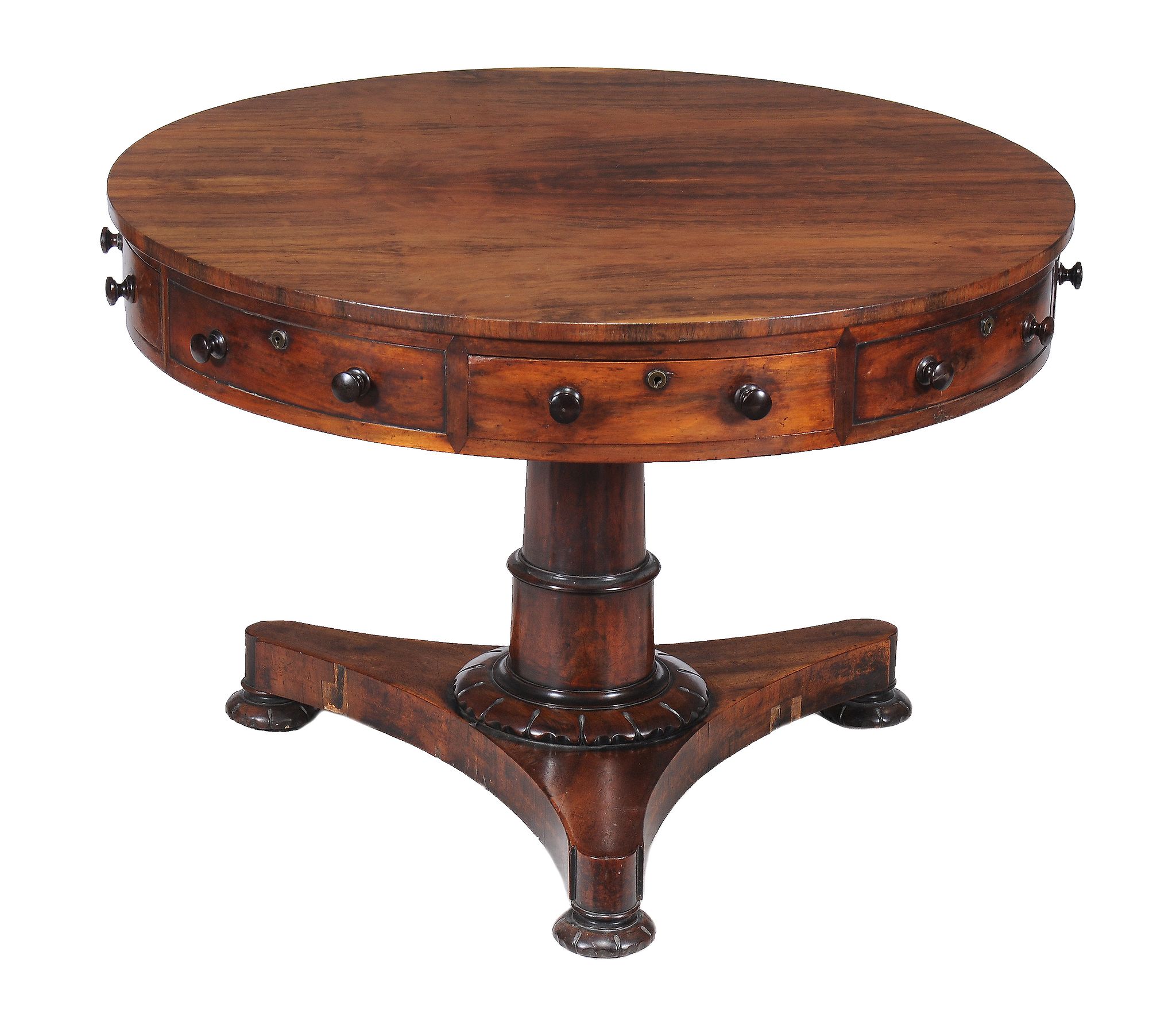 A George IV goncalo alves drum table , circa 1825, the frieze with four drawers interspersed with