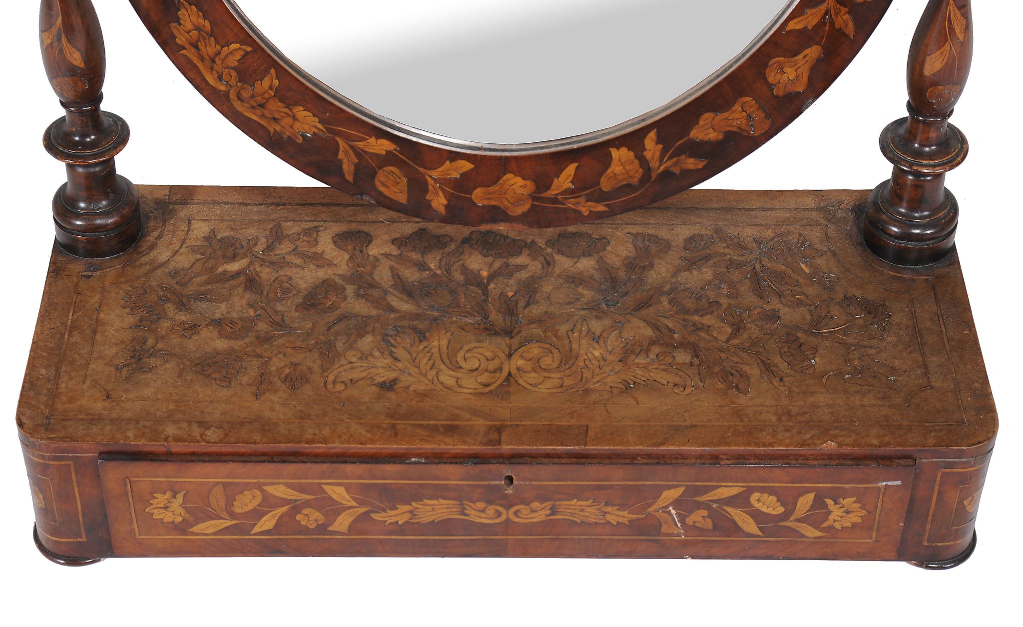 A Dutch walnut and marquetry inlaid toilet mirror, second quarter 19th century, inlaid with trailing - Image 2 of 2