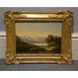 A group of four assorted pictures to include a mountainous scene over figures by a lake, oil on