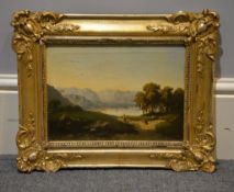 A group of four assorted pictures to include a mountainous scene over figures by a lake, oil on