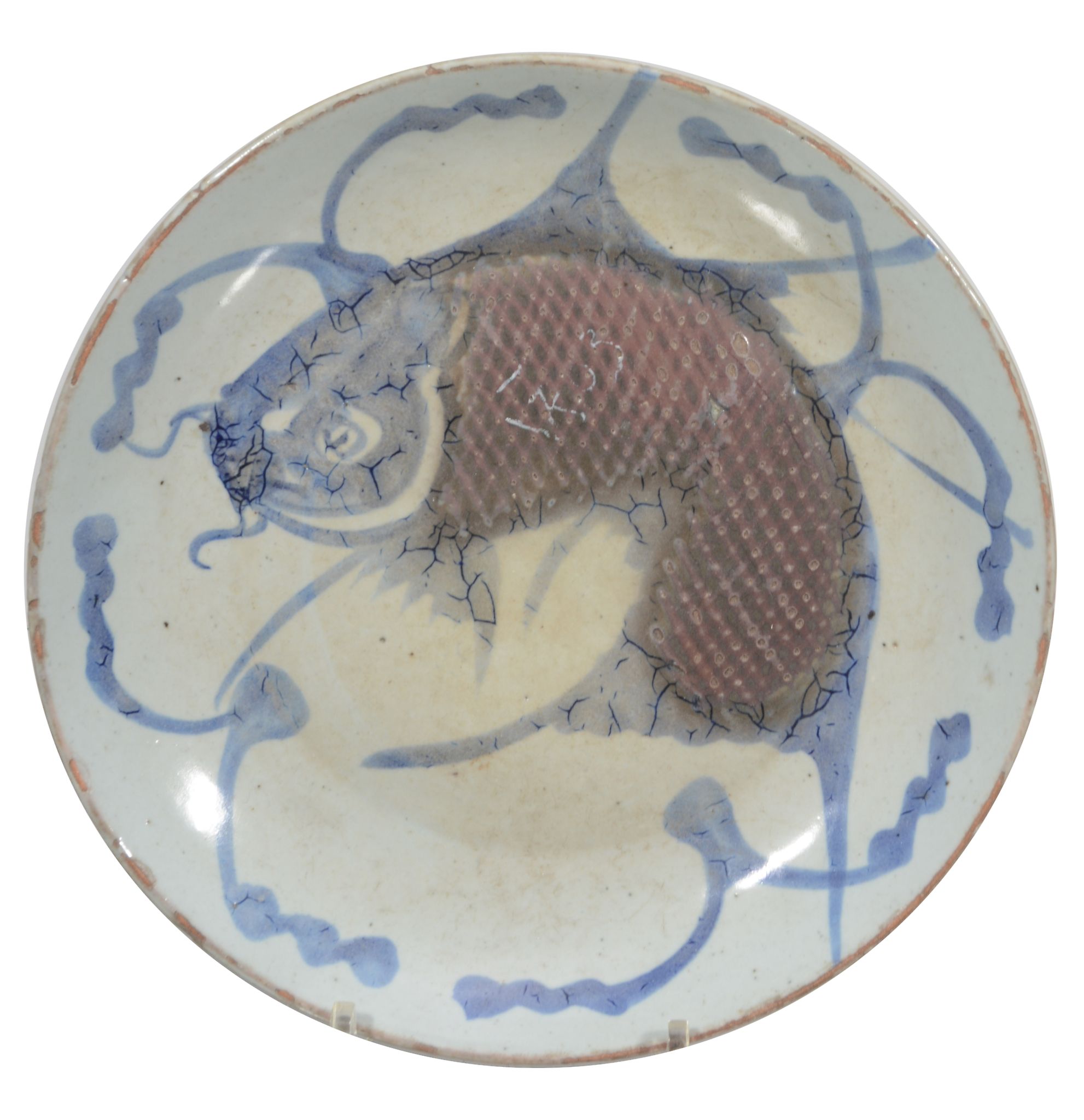 Three provincial Chinese blue and white fish plates, 19th century, painted with fished in blue and - Image 3 of 8