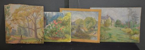 Hester McClintock (English 1913-2015) Four garden and river scenes Oil on board and one oil on