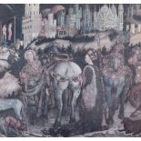 A print on fabric, after an Italian Renaissance fresco, modern , glazed and framed, 90cm wide,