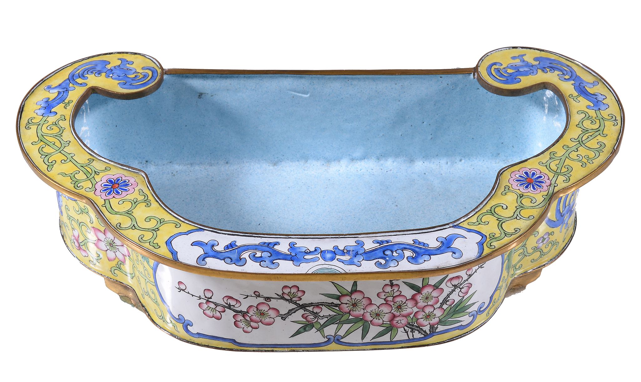 A Chinese yellow enamel shaped bowl, 20th century, the exterior painted with a central panel of - Image 2 of 5
