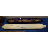 An English blue glass rolling pin frigger, painted and gilt with maritime subjects and verse, 74cm