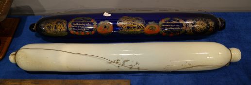 An English blue glass rolling pin frigger, painted and gilt with maritime subjects and verse, 74cm